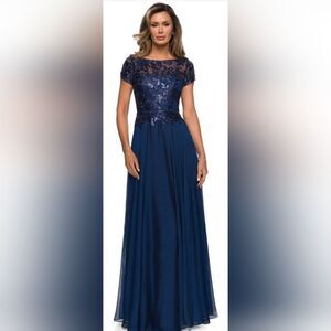 La Femme  27924 Sequined Embroidered Tulle A-Line Gown NWOT size 8 Blue